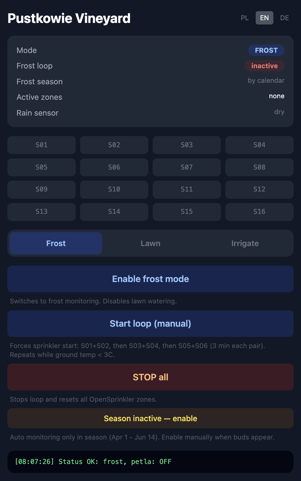 VineyardElf control panel in frost mode