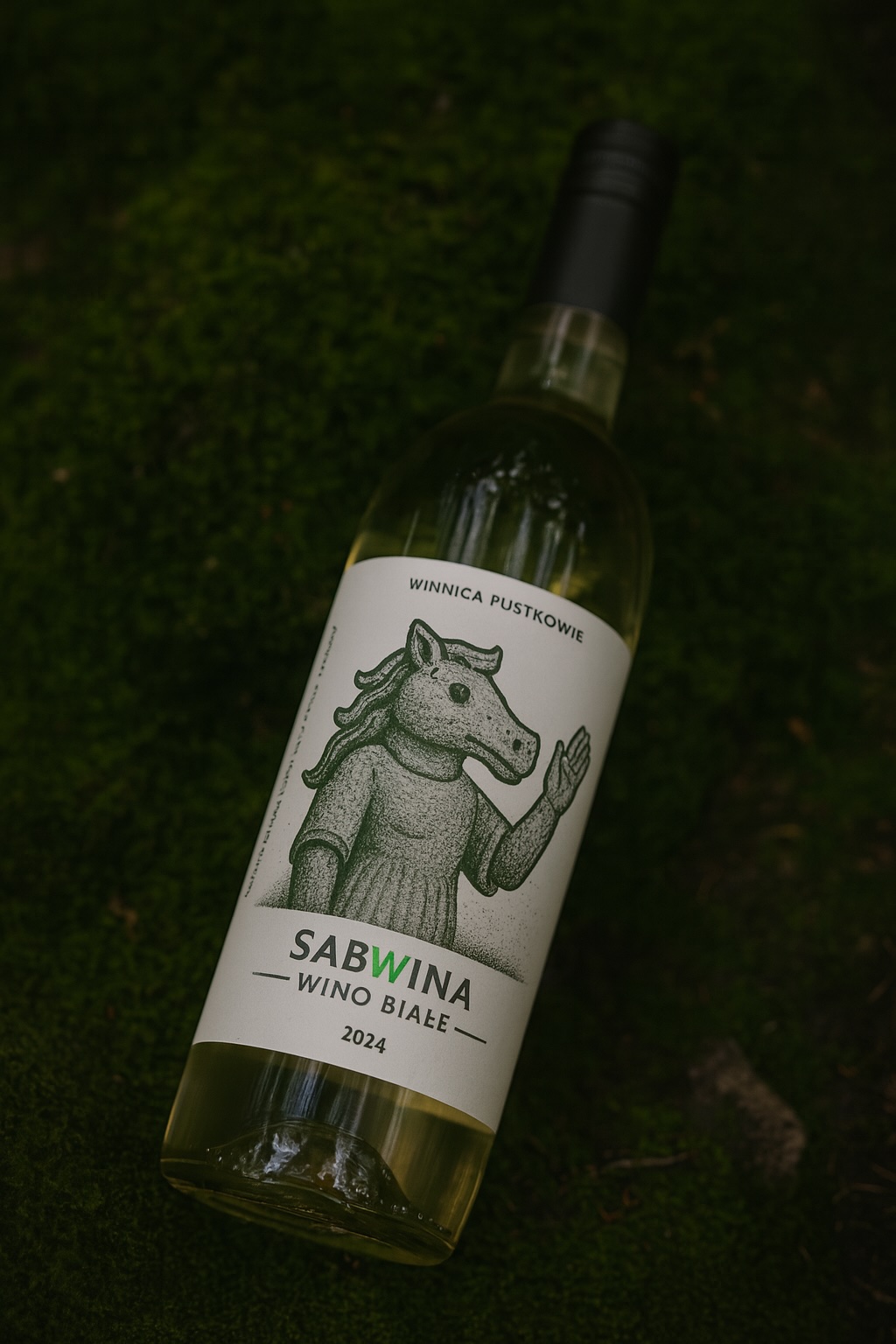 Sabwina - wino białe 2024, Winnica Pustkowie. Etykieta z ilustracją Sabiny - kobiety z głową konia.